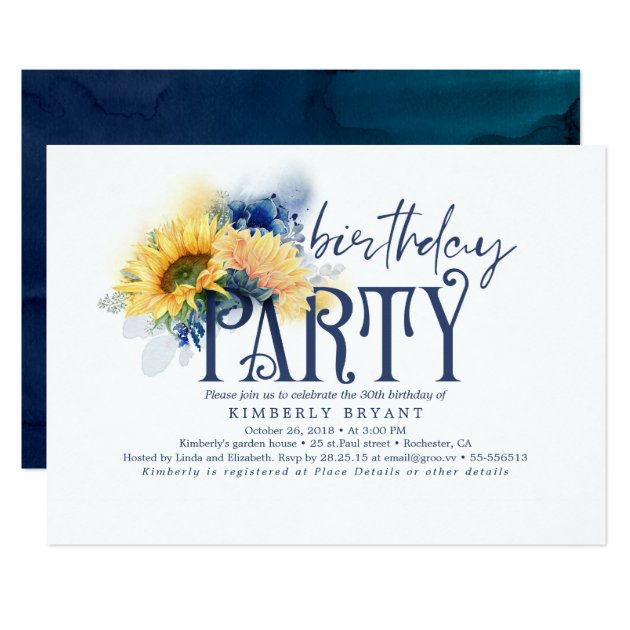 Yellow Sunflowers Elegant Navy Blue Birthday Invitation