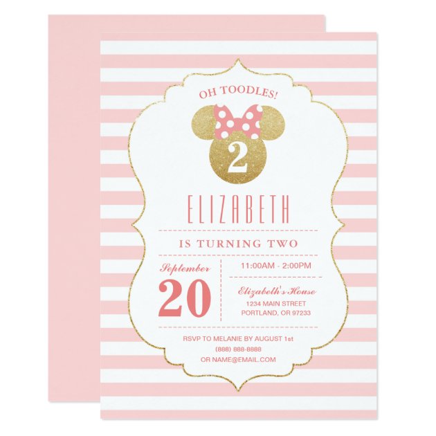 Minnie Mouse | Gold & Pink Striped Birthday Invitation
