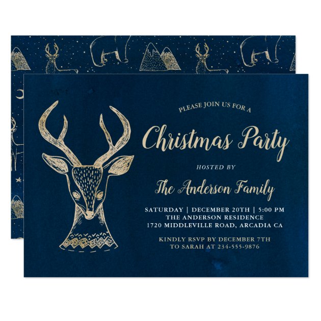 Woodland Deer Watercolor Navy Gold Christmas Party Invitation