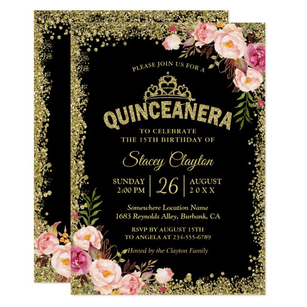 Quinceanera 15th Birthday - Black Gold Pink Floral Card