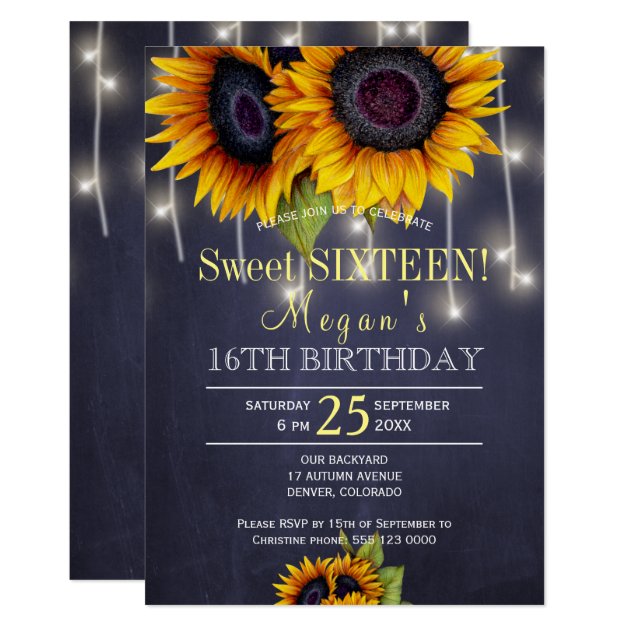 Chalkboard sunflowers chic rustic sweet sixteen invitation