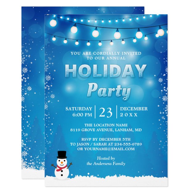 Blue Winter Holiday Party String Lights Snowflakes Invitation