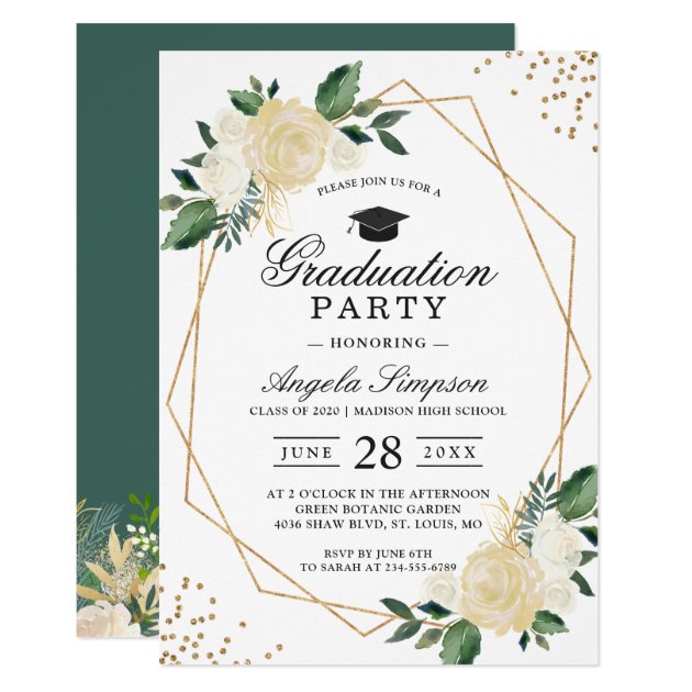 Gold Glitters Greenery Floral Graduation Party Card