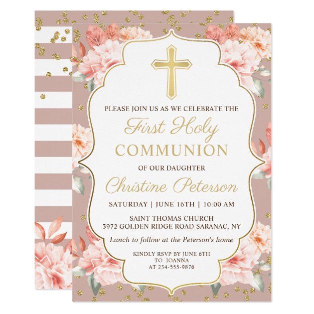 Pastel Rosy Floral Gold Cross First Holy Communion Invitation