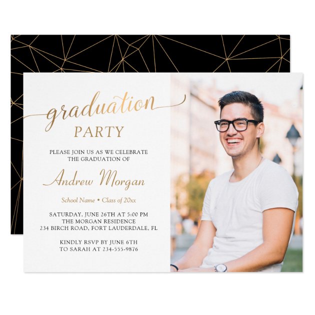 Modern Gold Script Black & White Graduation Photo Invitation