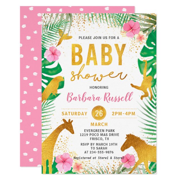 Pink Floral Jungle Animals Safari Girl Baby Shower Invitation