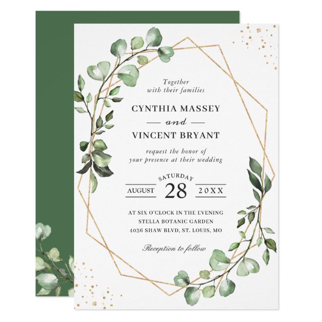 Greenery Eucalyptus Gold Geometric Frame Wedding Invitation