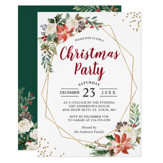Gold Geometric Poinsettia Floral Christmas Party Invitation