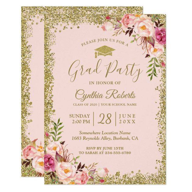 Blush Pink Gold Glitters Floral Graduation Party Invitation