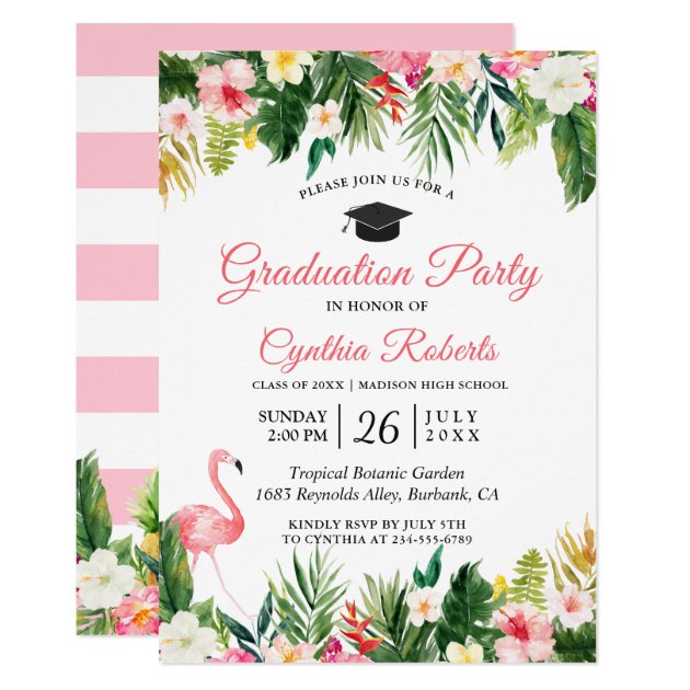 Flamingo Tropical Leaves Floral Graduation Party Invitation