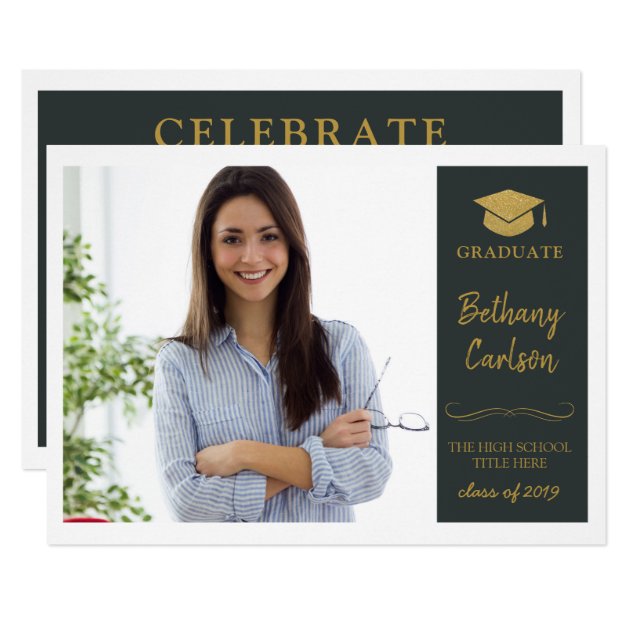 Elegant Green and Gold Photo Graduation Party Card