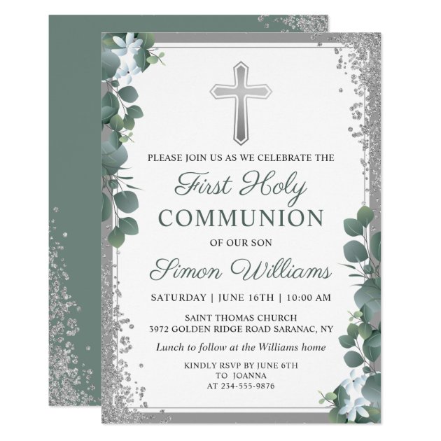 Greenery Silver Glitter First Holy Communion Invitation