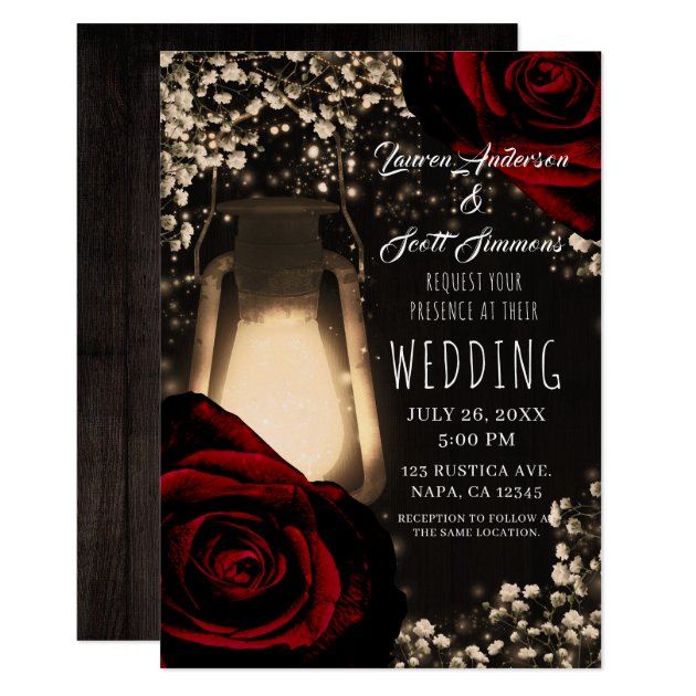 Rustic Glow Lantern & Dark Red Roses Wedding Invitation
