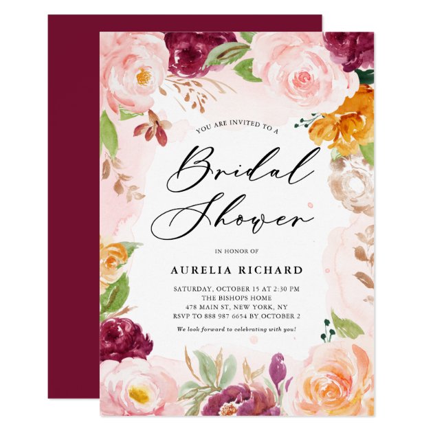 Boho Watercolor Fall Floral Frame Bridal Shower Invitation