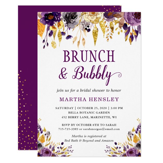 Brunch and Bubbly Gold Glitters Dots Purple Floral Card