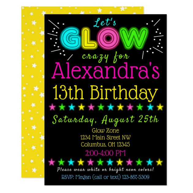 Neon Glow in the Dark Kids Birthday Party Invite