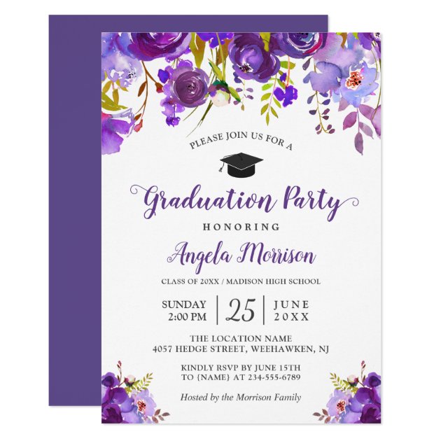 Ultra Violet Purple Floral Graduation Party Invitation
