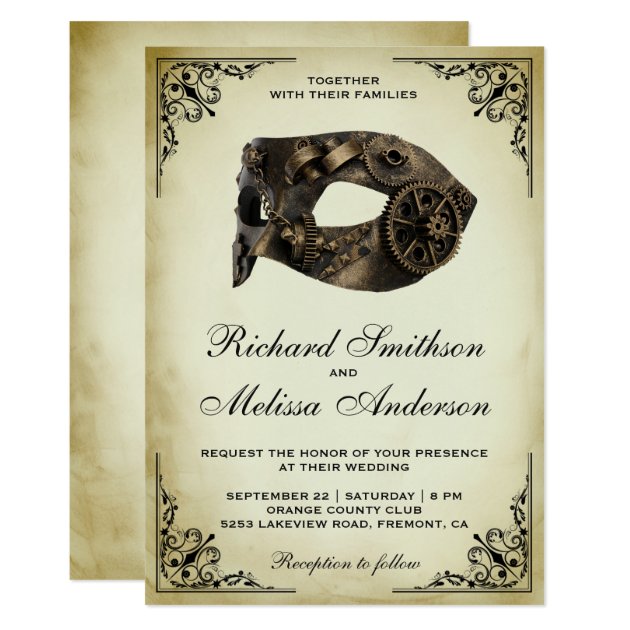 Vintage Steampunk Carnival Mask Masquerade Wedding Invitation