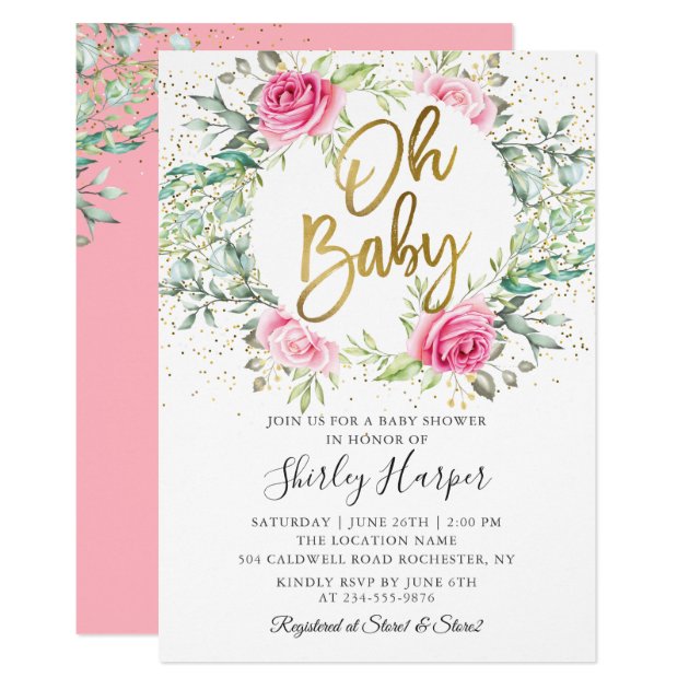 Oh Baby Pink Floral Greenery Glitter Baby Shower Invitation