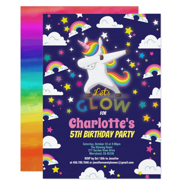 Glow in the dark unicorn birthday rainbow invitation