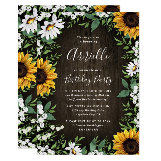 Sunflower Rustic Country Wood Boho Birthday Party Invitation