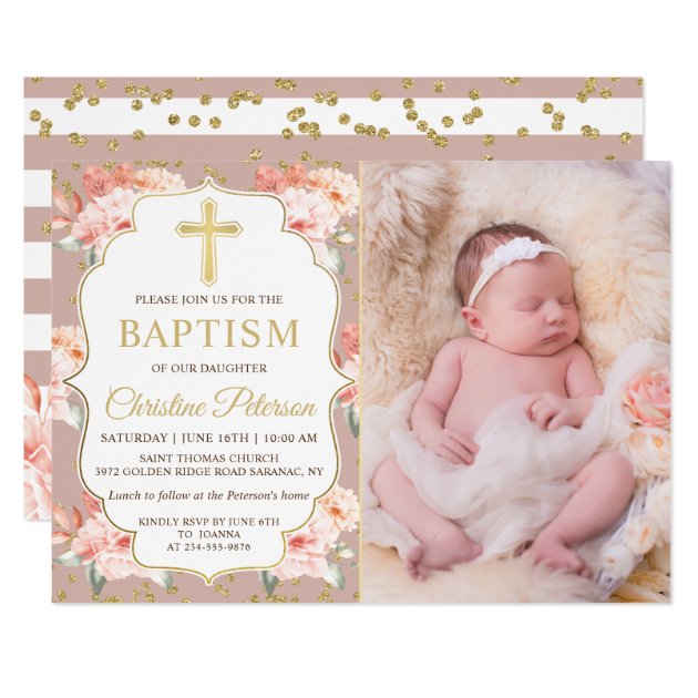 Pastel Rosy Floral Gold Cross Girl Baptism Photo Invitation