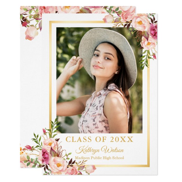 Girly Rustic Floral Gold Photo Graduation Party Card