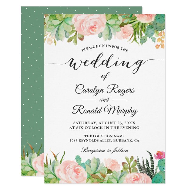 Rustic Succulent Cactus Blush Green Floral Wedding Invitation