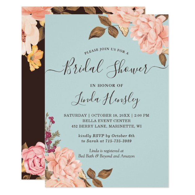 Dusty Aqua Blue Blush Roses Floral Bridal Shower Invitation