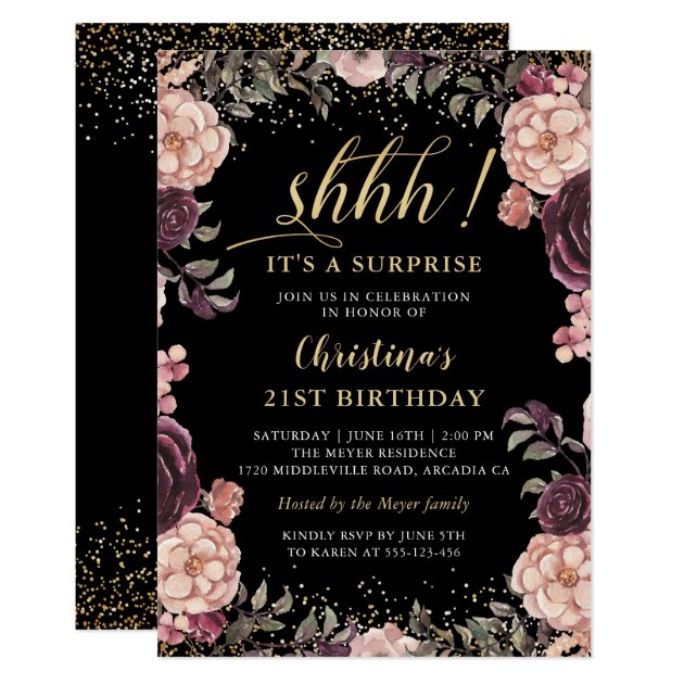 Burgundy Pink Floral Black Surprise Birthday Party Invitation