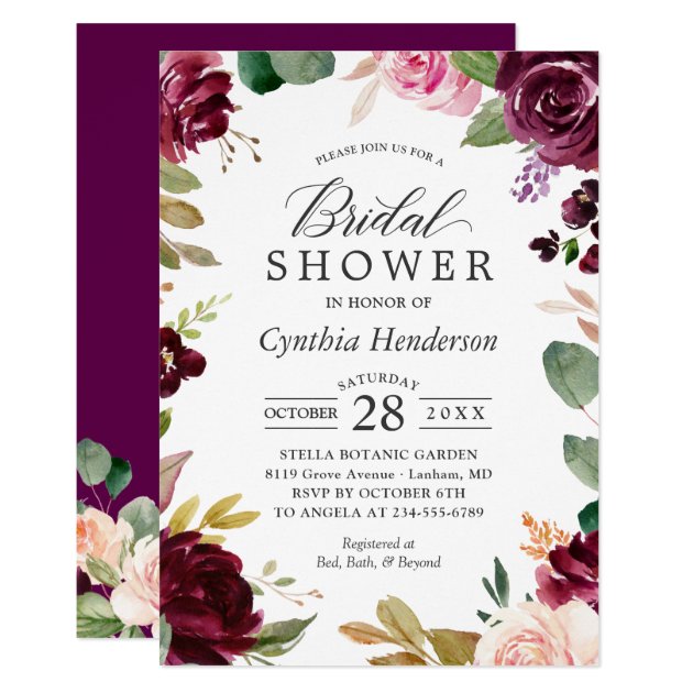 Plum Burgundy Blush Floral Classy Bridal Shower Invitation