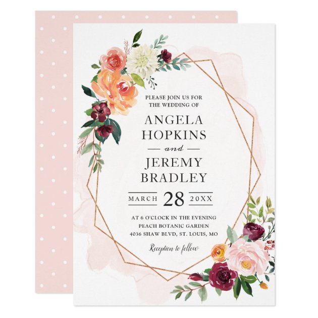 Modern Geometric Blush Bloom Floral Chic Wedding Invitation (front side)