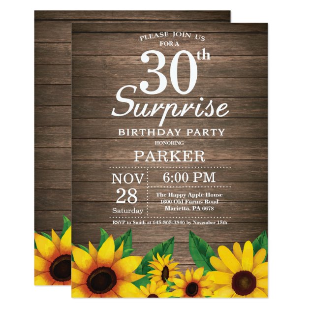 Rustic Sunflower Surprise 30th Birthday Invitation