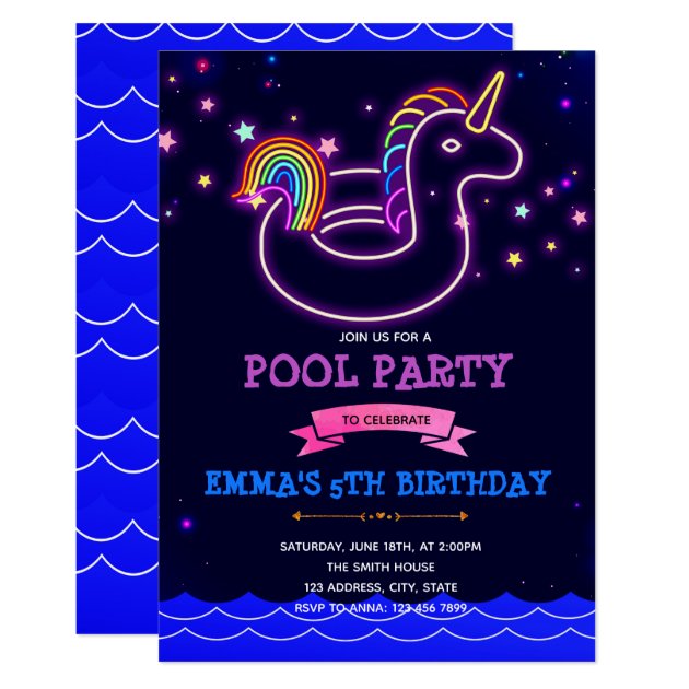 Glow unicorn pool theme party Invitation