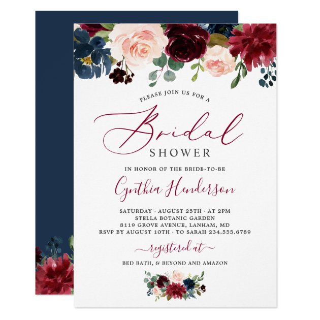 Burgundy Navy Blue Floral Script Bridal Shower Invitation