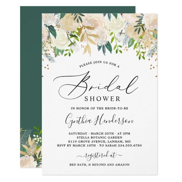 Modern Nature Green Gold Floral Bridal Shower Invitation