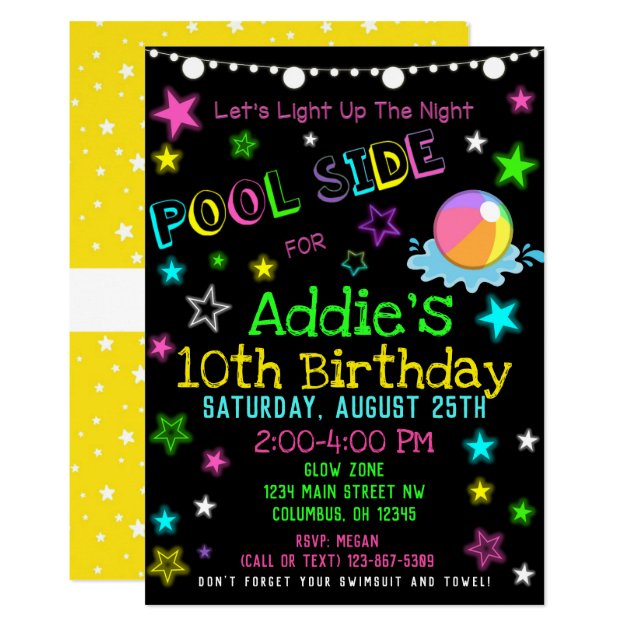 Neon Glow in the Dark Pool Party Invite