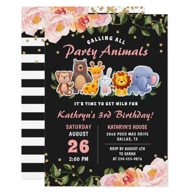 Animal Friends Pink Floral Black Glitter Birthday Invitation