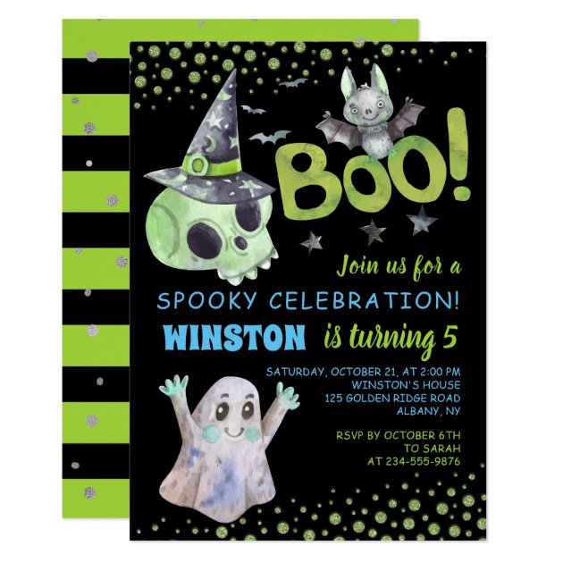 Boo Spooky Green Skull Boy Halloween Birthday Invitation