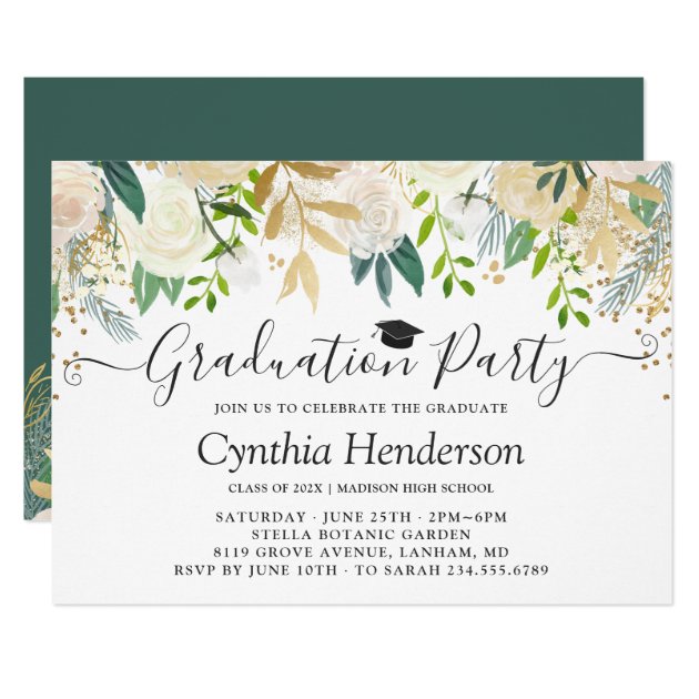 Ivory Greenery Gold Bloom Floral Graduation Party Invitation