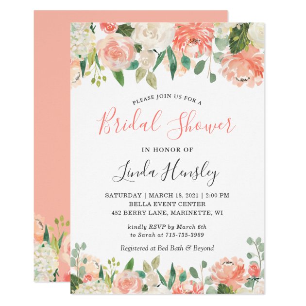 2019 Trend Coral and Peach Floral Bridal Shower Invitation