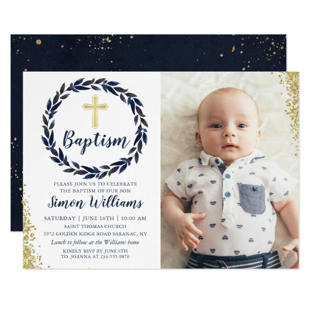 Navy Blue Wreath Gold Glitter Boy Baptism Photo Invitation