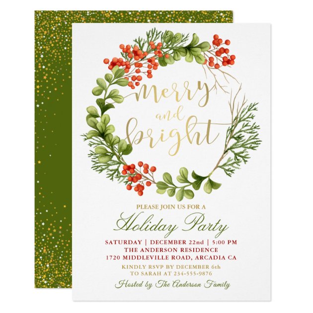 Merry and Bright Holly Berries Holiday Party Invitation