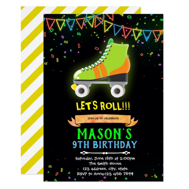 Neon glow roller skate theme birthday invitation