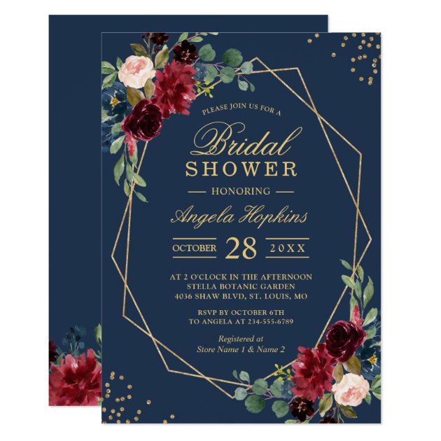 Navy Blue Burgundy Red Floral Modern Bridal Shower Invitation