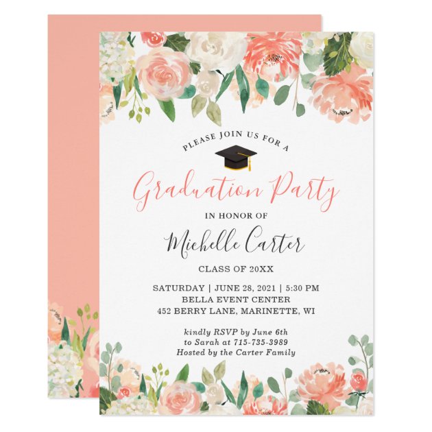 Trendy Coral Peach Floral Girl Graduation Party Invitation