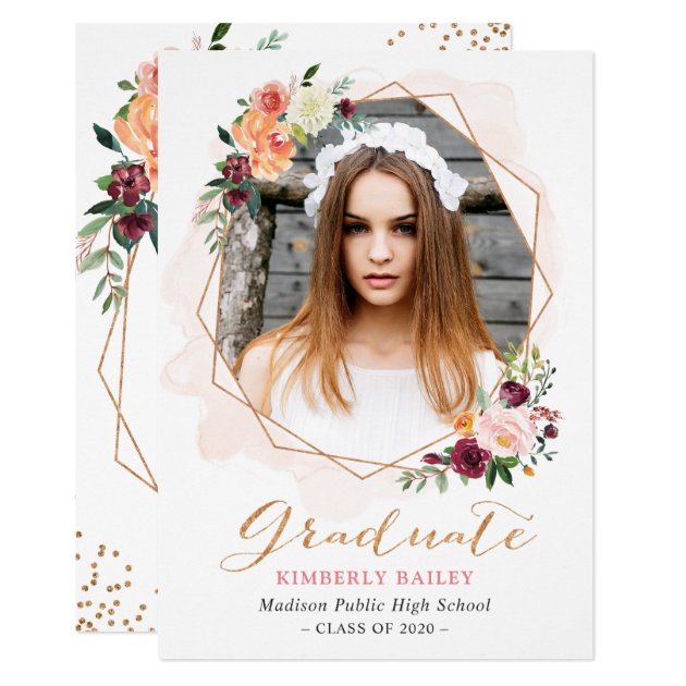 Beautiful Floral Gold Frame Photo Graduation Party Card