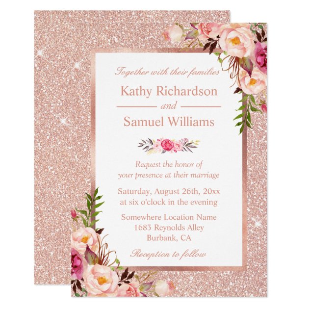 Faux Rose Gold Glitters Blush Floral Wedding Invitation