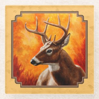 Whitetail Deer Autumn Gold Glass Coaster