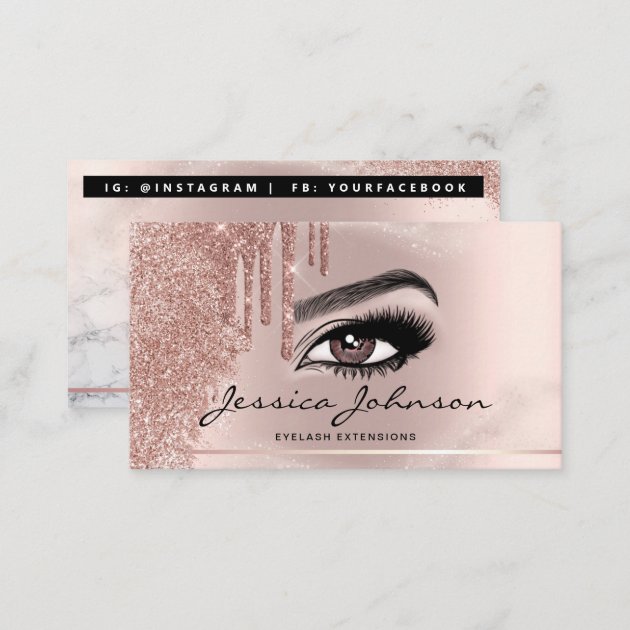 Trendy Glitter Rose gold drips Lashes marble Business Card (back side)